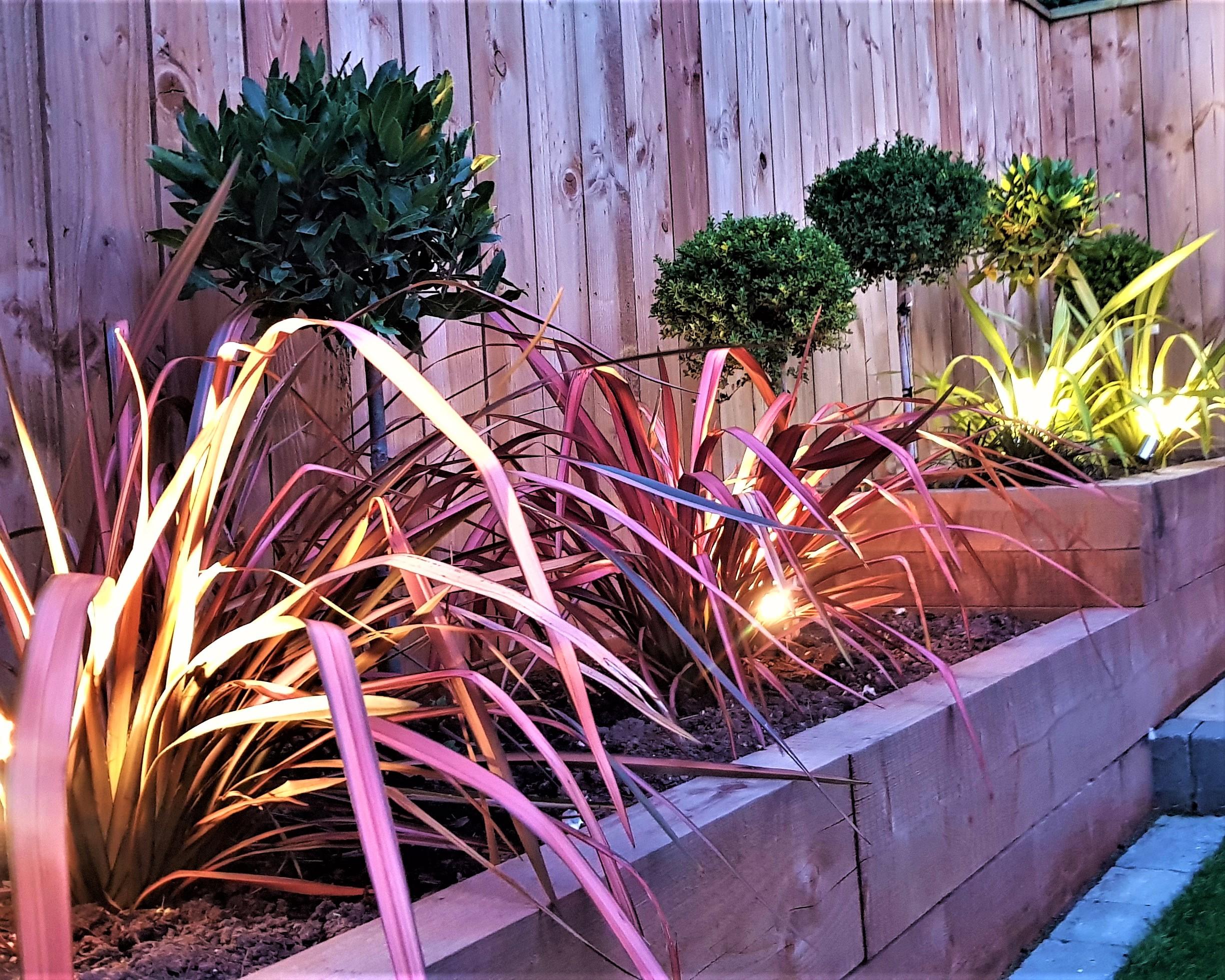 A row of Sleepers with a small garden in them.